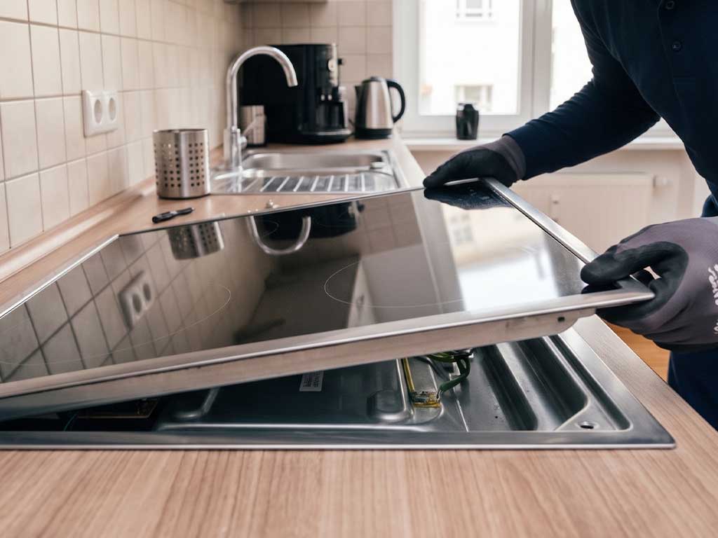 Zwei Hände heben eine Elektroherdkochplatte aus einer Arbeitsplatte in einer Küche