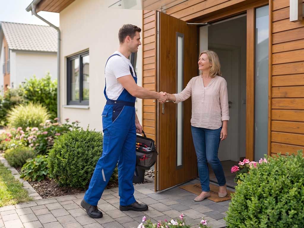 Ein Techniker begrüßt eine Kundin mit einem Handschlag an der Tür eines Einfamilienhauses.