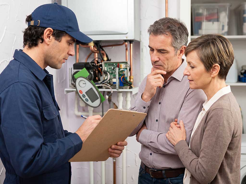 Ein Techniker und ein Kunde stehen gemeinsam vor einer Gas-Therme und besprechen anhand eines Klemmbretts mit Kostenvoranschlag die Reparaturoptionen sowie mögliche Alternativen einer Neuinstallation.