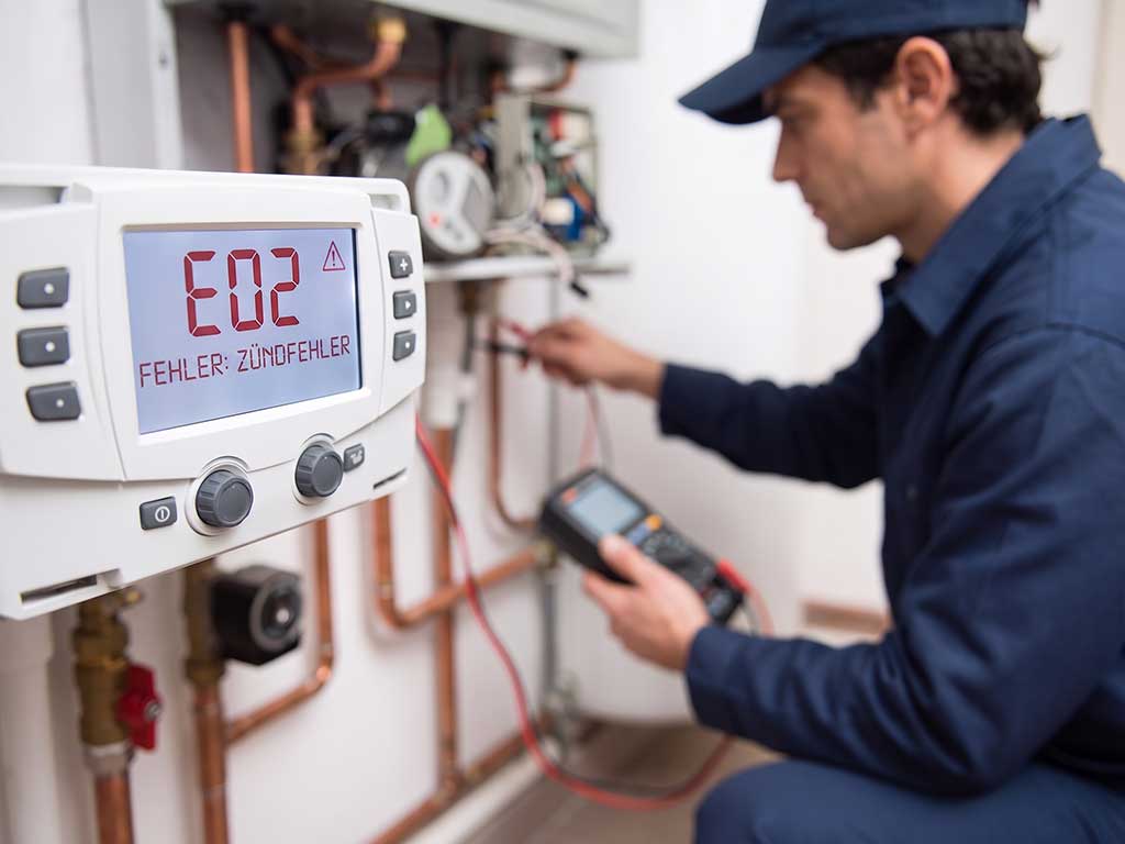 Nahaufnahme des Displays einer modernen Gas-Therme, auf dem ein Fehlercode aufleuchtet, während im Hintergrund ein Techniker mit einem Diagnosegerät die Anschlussleitungen des Geräts prüft.